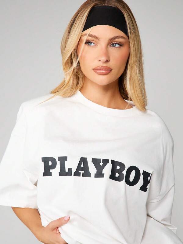 Missguided Missguided X Playboy Oversized Shoulder Pad Logo T-Shirt
