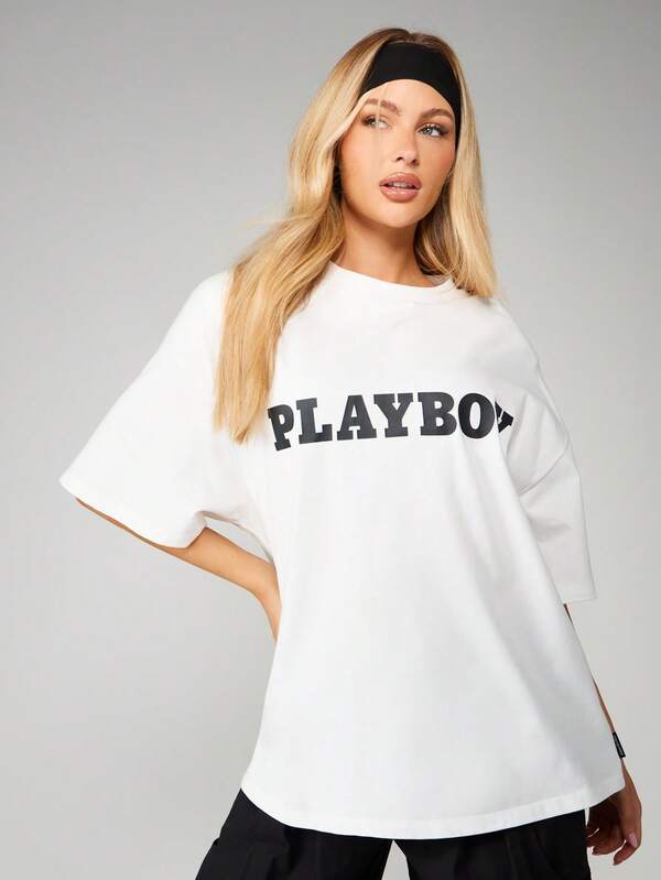missguided Missguided x Playboy Oversized Shoulder Pad Logo T-Shirt