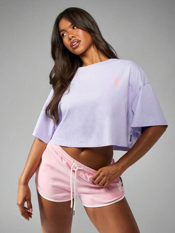 Missguided Missguided X Playboy Oversized Streetwear Casual Lounge Crop T-Shirt Graphic Print Cotton Blend