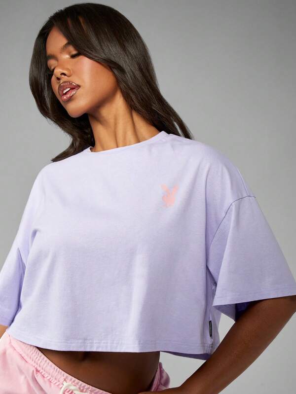 Missguided Missguided X Playboy Oversized Streetwear Casual Lounge Crop T-Shirt Graphic Print Cotton Blend