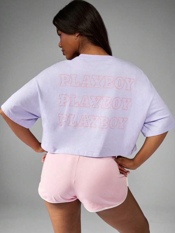 missguided Missguided x Playboy Oversized Streetwear Casual Lounge Crop T-Shirt Graphic Print Cotton Blend