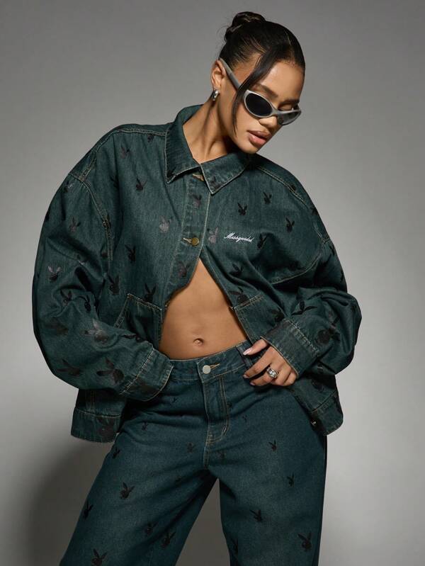 Missguided Missguided X Playboy Oversized Streetwear Denim Jacket All-Over Bunny Print