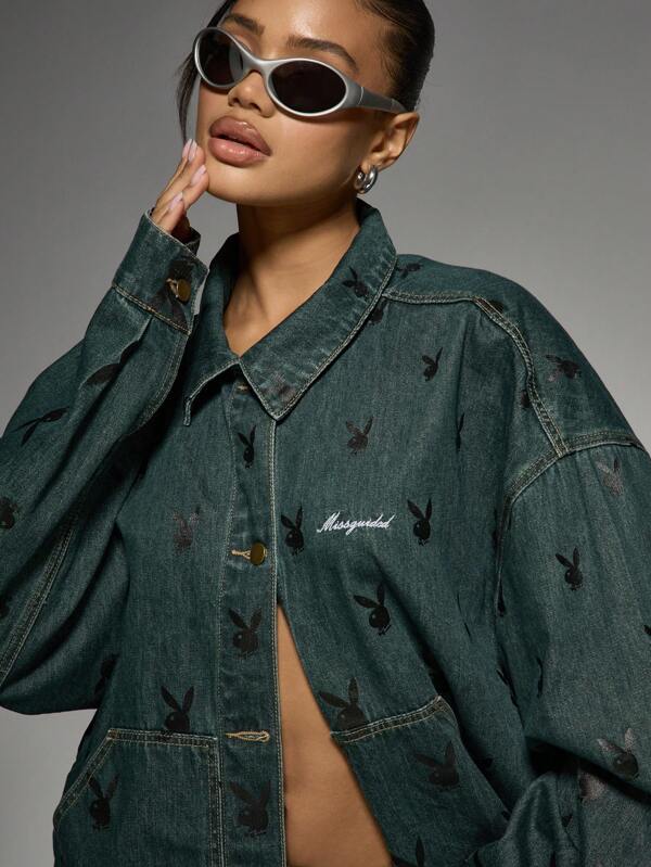 Missguided Missguided X Playboy Oversized Streetwear Denim Jacket All-Over Bunny Print