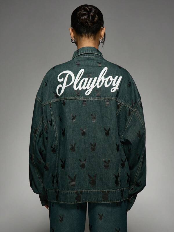 missguided Missguided x Playboy Oversized Streetwear Denim Jacket All-Over Bunny Print