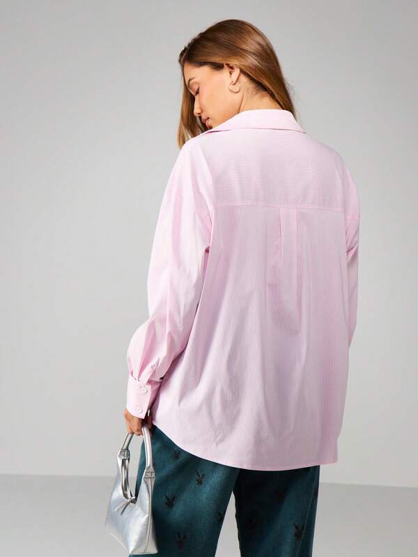 Missguided Missguided X Playboy Oversized Striped Button-Down Blouse With Patch