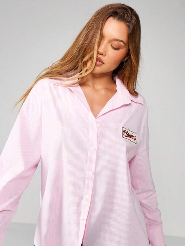 Missguided Missguided X Playboy Oversized Striped Button-Down Blouse With Patch