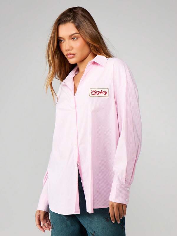 missguided Missguided x Playboy Oversized Striped Button-Down Blouse With Patch