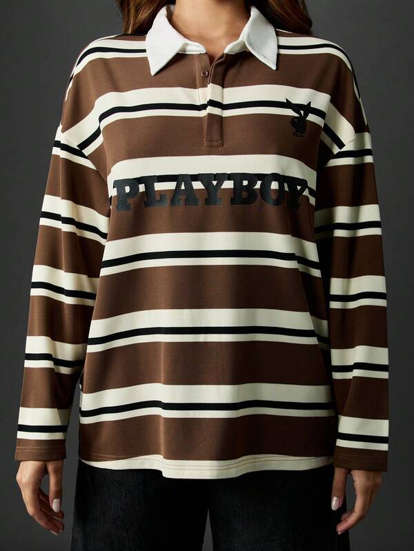 Missguided Missguided X Playboy Oversized Striped Collared Rugby Polo Top