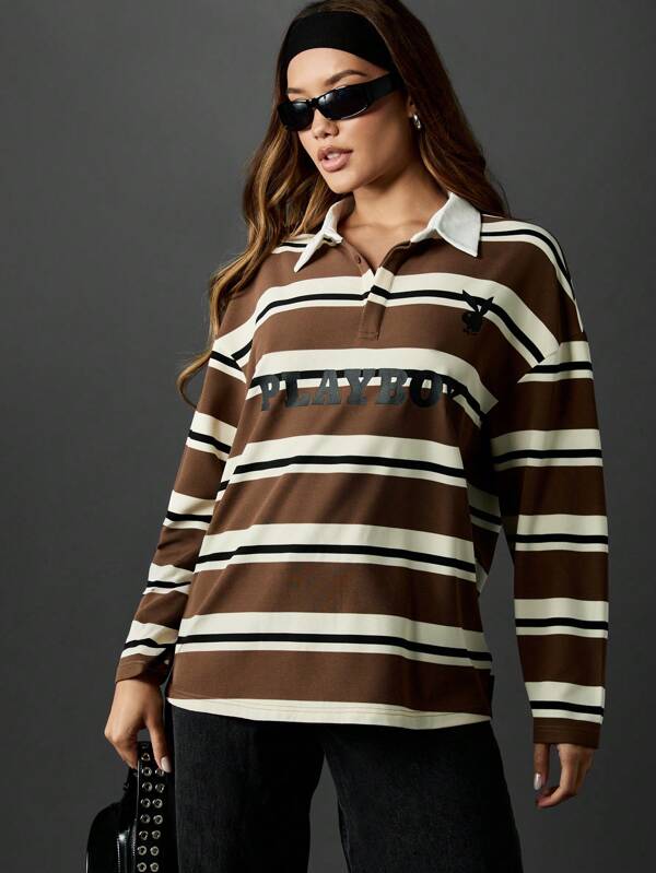 missguided Missguided x Playboy Oversized Striped Collared Rugby Polo Top