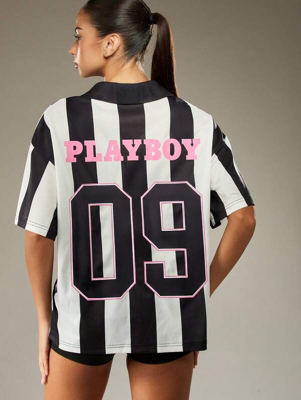 Missguided Missguided X Playboy Oversized Striped Jersey Top With Logo