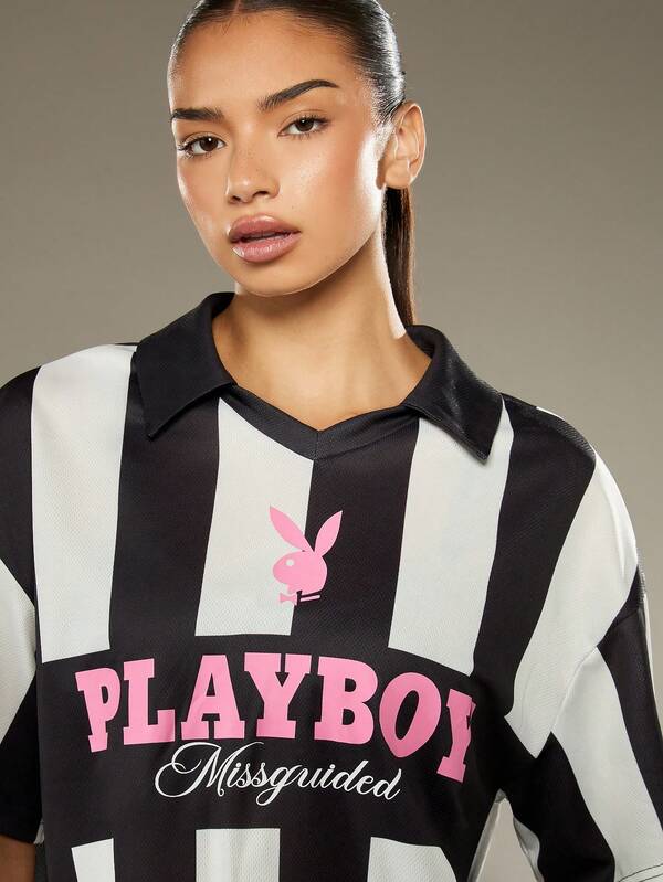 Missguided Missguided X Playboy Oversized Striped Jersey Top With Logo