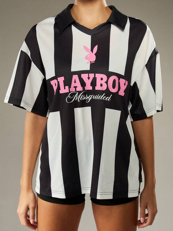 missguided Missguided x Playboy Oversized Striped Jersey Top With Logo