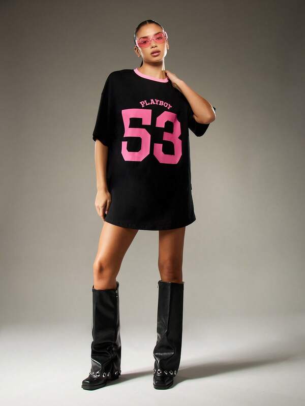 Missguided Missguided X Playboy Oversized T-Shirt Dress With Number Print And Bunny Logo