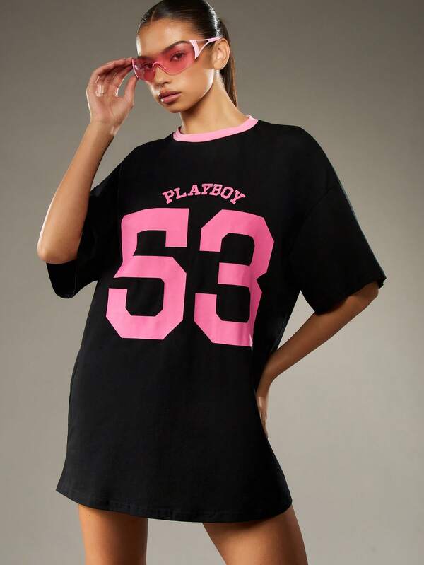 missguided Missguided x Playboy Oversized T-Shirt Dress With Number Print And Bunny Logo