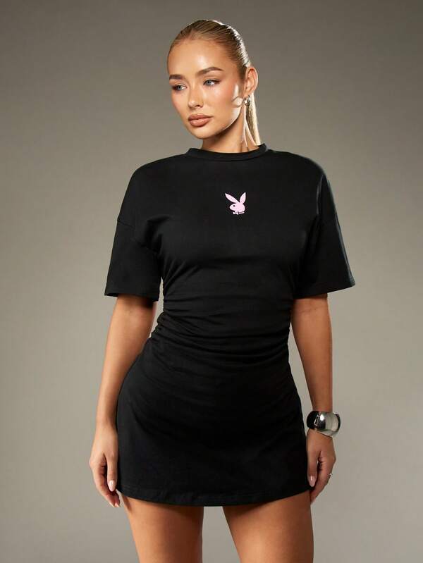 missguided Missguided x Playboy Oversized T-Shirt Dress With Cinched Waist And Logo Print