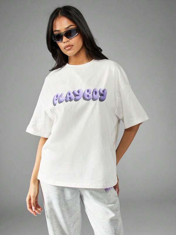 Missguided Missguided X Playboy Oversized T-Shirt With 3D Bubble Text Logo And Iconic Bunny Print