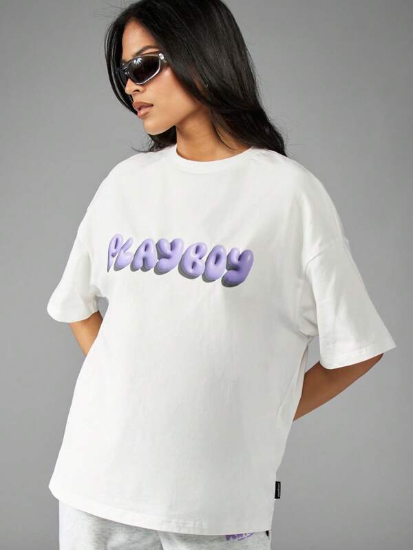 missguided Missguided x Playboy Oversized T-Shirt With 3D Bubble Text Logo And Iconic Bunny Print