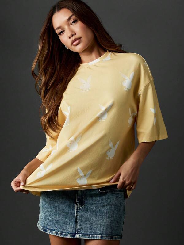 missguided Missguided x Playboy Oversized T-Shirt With Allover Bunny Print