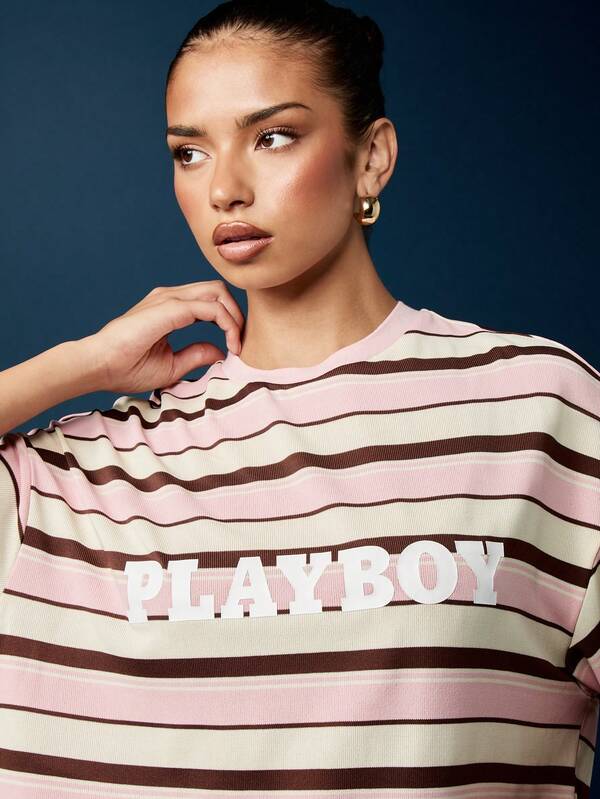 Missguided Missguided X Playboy Oversized T-Shirt With Horizontal Stripes And Brand Logo