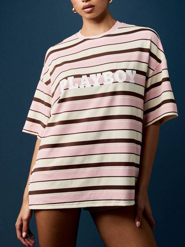 Missguided Missguided X Playboy Oversized T-Shirt With Horizontal Stripes And Brand Logo