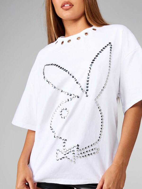 Missguided Missguided X Playboy Oversized T-Shirt With Lace Up Back And Bunny Print
