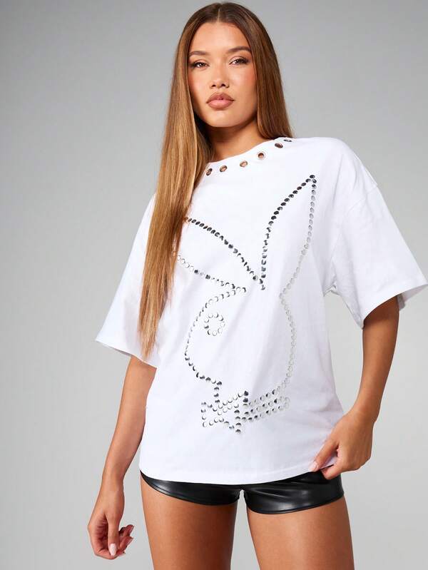 missguided Missguided x Playboy Oversized T-Shirt With Lace Up Back And Bunny Print