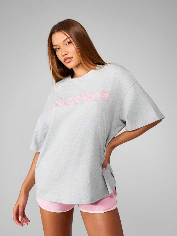 Missguided Missguided X Playboy Oversized T-Shirt With Pink Lace Number Design
