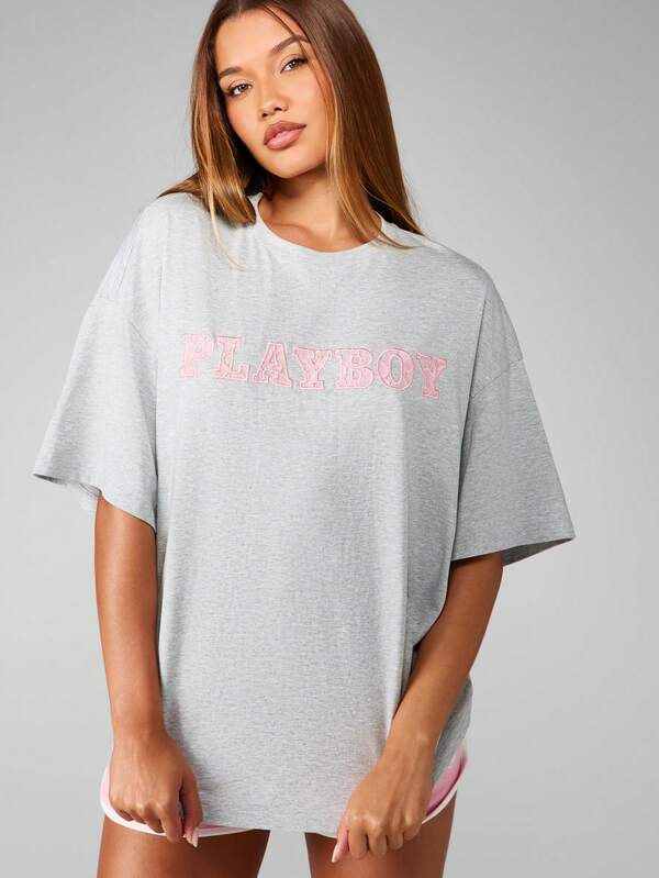 missguided Missguided x Playboy Oversized T-Shirt With Pink Lace Number Design