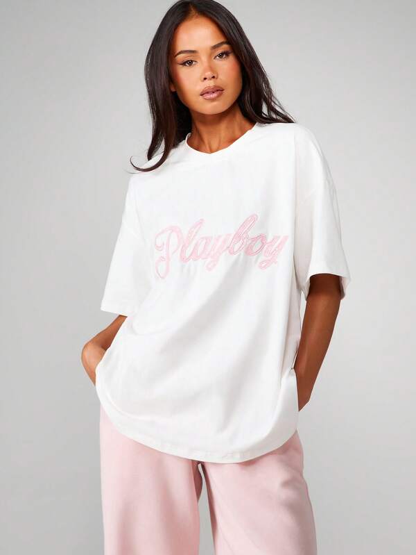 missguided Missguided x Playboy Oversized T-Shirt With Pink Script Applique