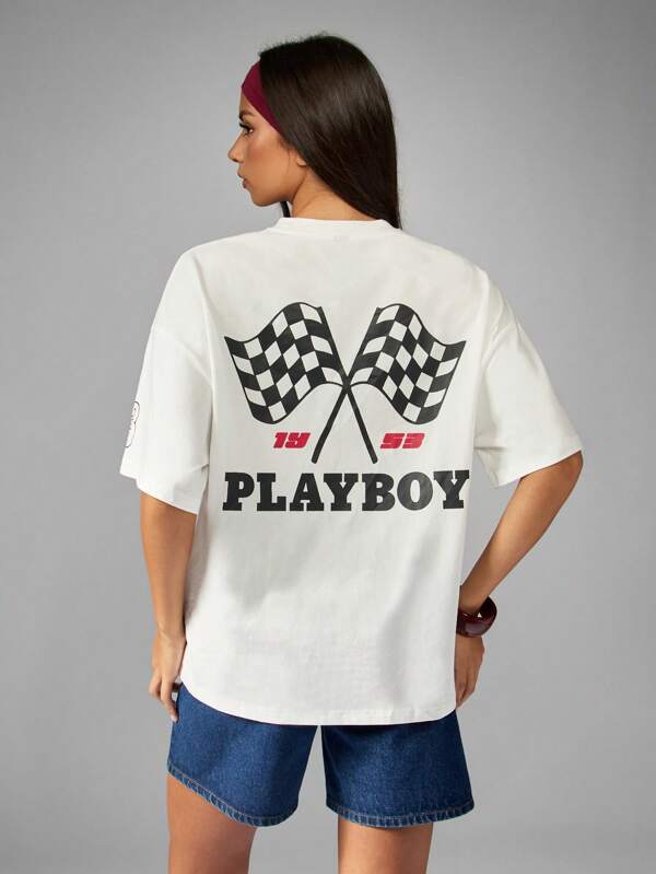 missguided Missguided x Playboy Oversized T-Shirt With Racing Flag Print