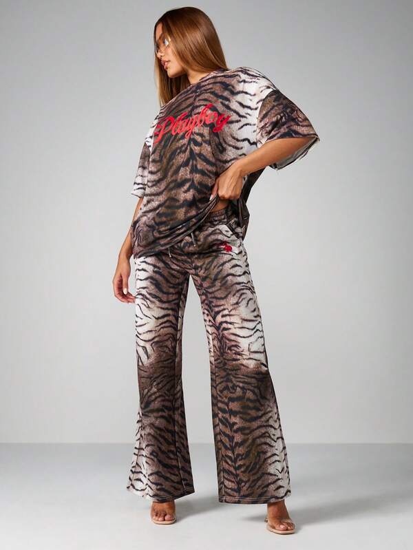 Missguided Missguided X Playboy Oversized Tiger Print T Shirt With Logo