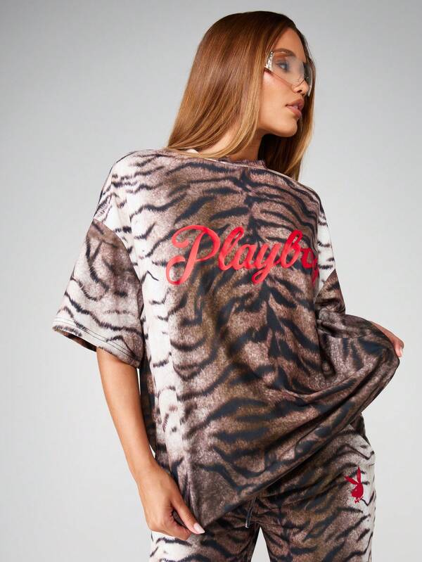 missguided Missguided x Playboy Oversized Tiger Print T Shirt With Logo