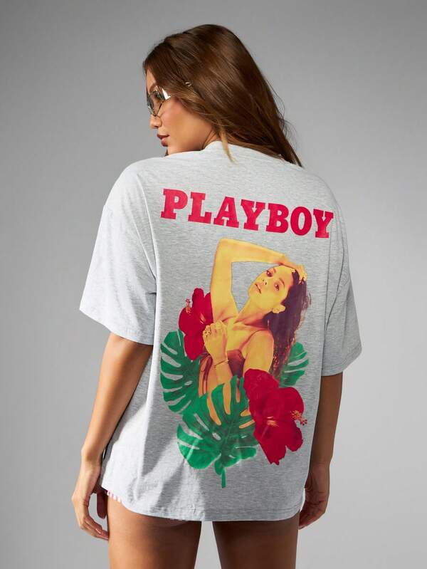 Missguided Missguided X Playboy Oversized Tropical Hibiscus Palm Leaf Hawaiian Print T-Shirt