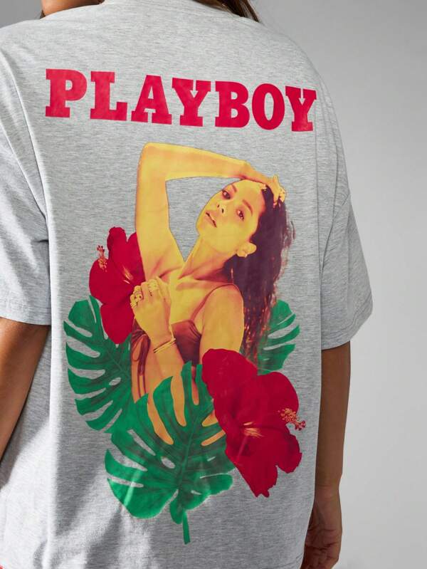 missguided Missguided x Playboy Oversized Tropical Hibiscus Palm Leaf Hawaiian Print T-Shirt