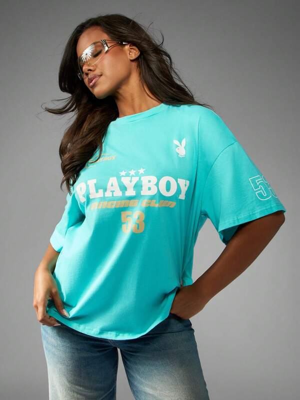 missguided Missguided x Playboy Oversized Turquoise Tee With Racing Club Print