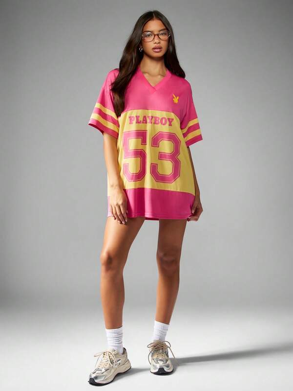 Missguided Missguided X Playboy Oversized V-Neck Football Jersey Mini Dress With Number Print