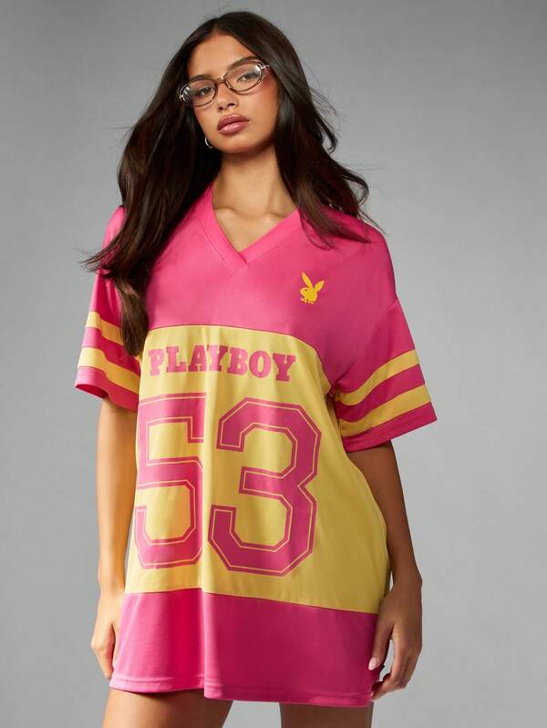 missguided Missguided x Playboy Oversized V-Neck Football Jersey Mini Dress With Number Print