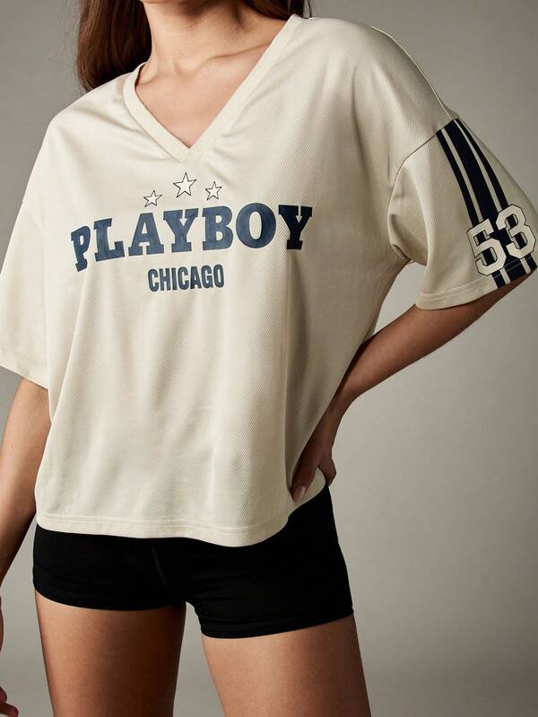 Missguided Missguided X Playboy Oversized V Neck Football Top With Stars