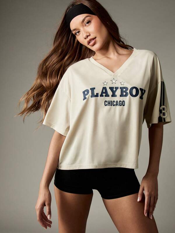 missguided Missguided x Playboy Oversized V Neck Football Top With Stars