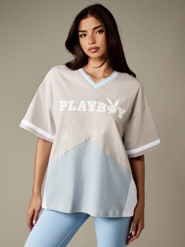 Missguided Missguided X Playboy Oversized V Neck T Shirt With Color Block Design
