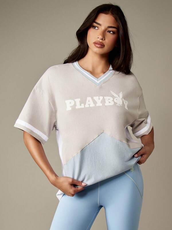 missguided Missguided x Playboy Oversized V Neck T Shirt With Color Block Design