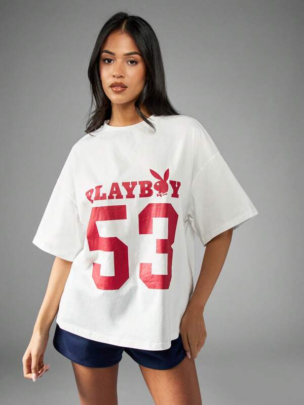 missguided Missguided x Playboy Oversized Varsity Style Graphic Print Women's T-Shirt