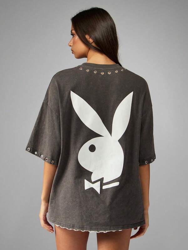 Missguided Missguided X Playboy Oversized Washed Tee With Eyelet Detail