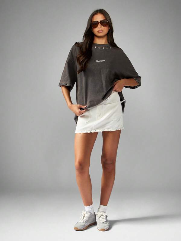 Missguided Missguided X Playboy Oversized Washed Tee With Eyelet Detail