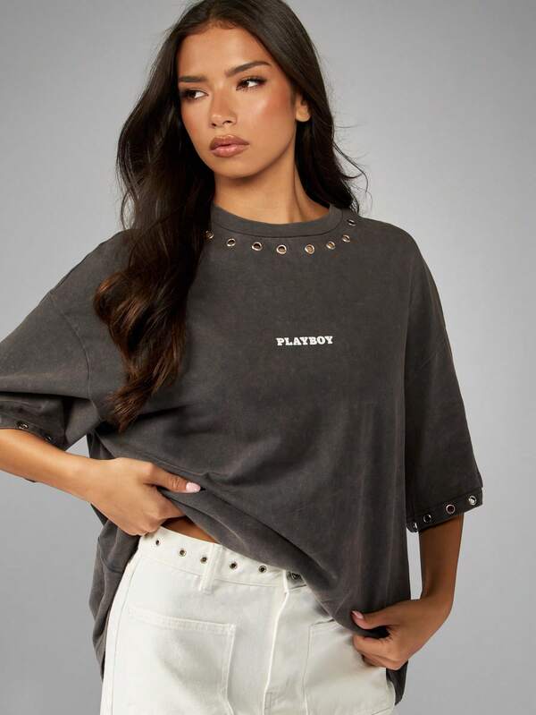 Missguided Missguided X Playboy Oversized Washed Tee With Eyelet Detail