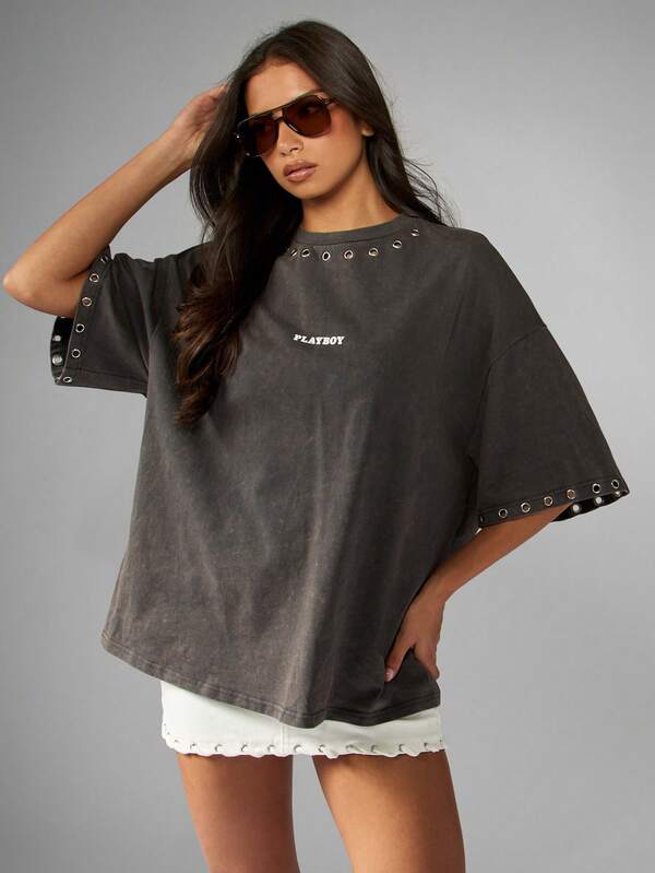 missguided Missguided x Playboy Oversized Washed Tee With Eyelet Detail
