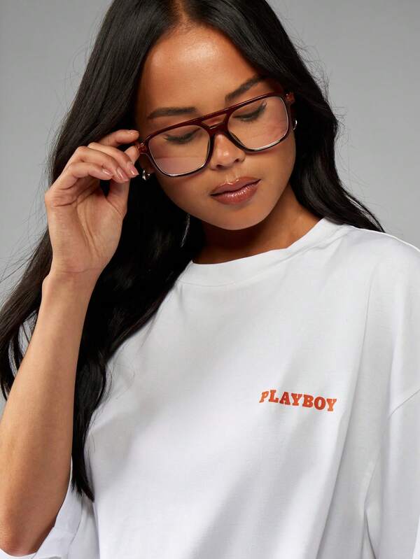 Missguided Missguided X Playboy Oversized White T-Shirt With Artistic Photography Print