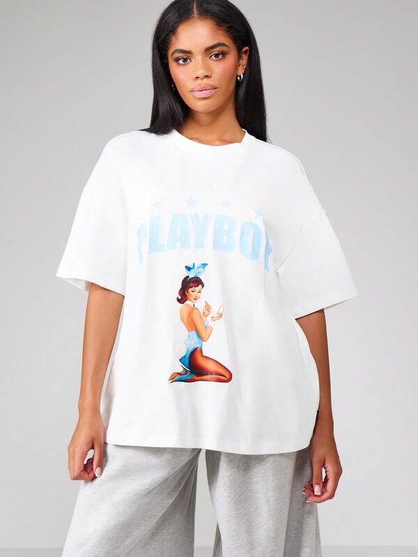 missguided Missguided x Playboy Oversized White T-Shirt With Pin Up Girl Print