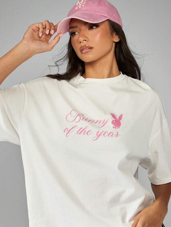 Missguided Missguided X Playboy Oversized White T Shirt With Pink Bunny Graphic Print