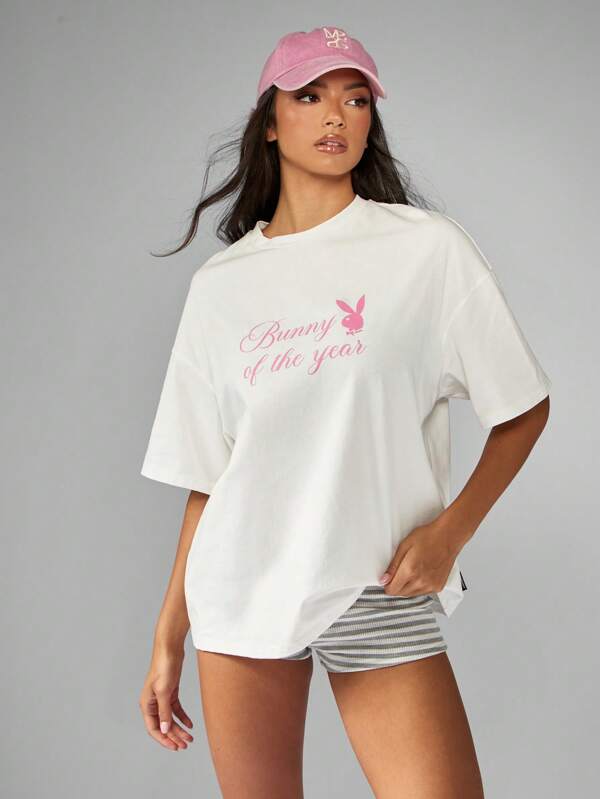 missguided Missguided x Playboy Oversized White T Shirt With Pink Bunny Graphic Print